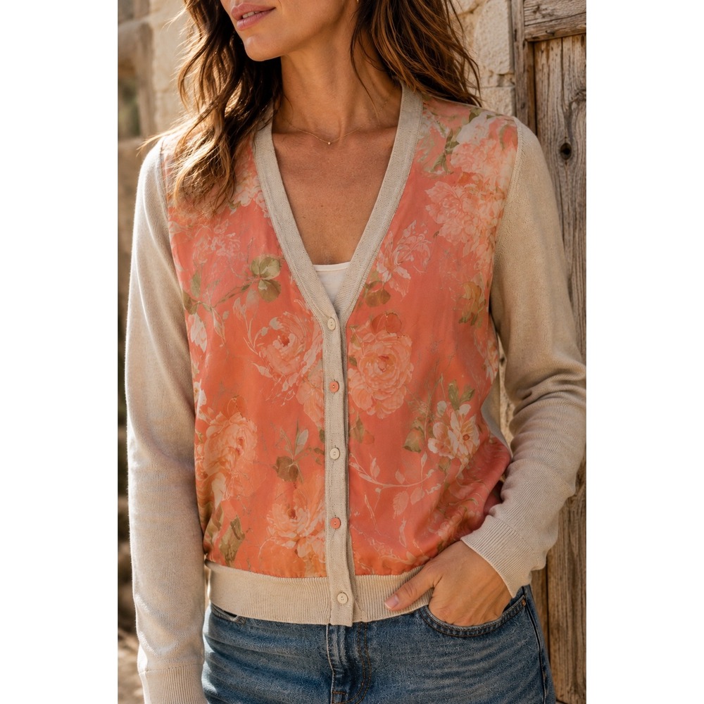 Sundance Silk Floral Front Cotton Cardigan Snap Button Boho Cottagecore‎ M